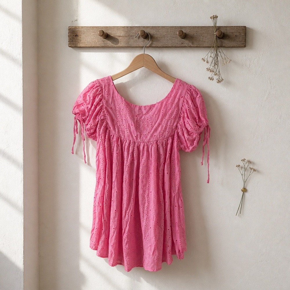 Hyfve Pink Eyelet Babydoll Top Square Neck Puff Sleeve Tie Detail Women Medium - Picture 10 of 10